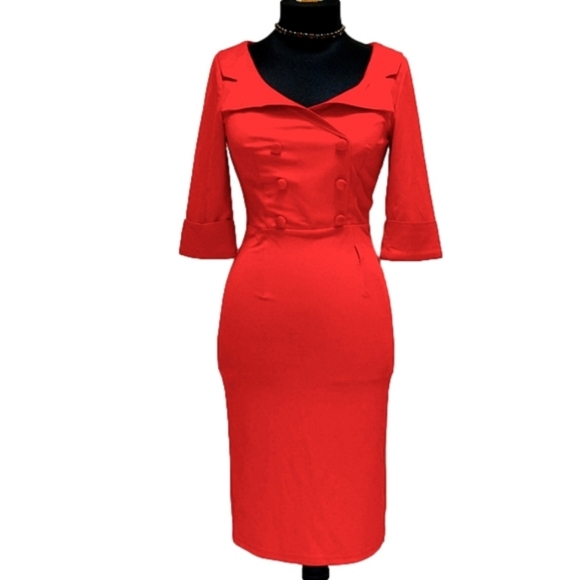Retro Red WIGGLE Dress Women's Midi Pin-Up - Picture 3 of 11